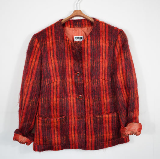 Vintage 60s Mohair Wool Jacket – Red Orange Striped Fuzzy Coat – German Mod Boho Outerwear by Hucke